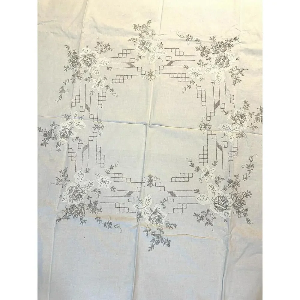 New VTG Madeira Style Round Linen Tablecloth 64.5” + 8 Napkins Appliqué Floral